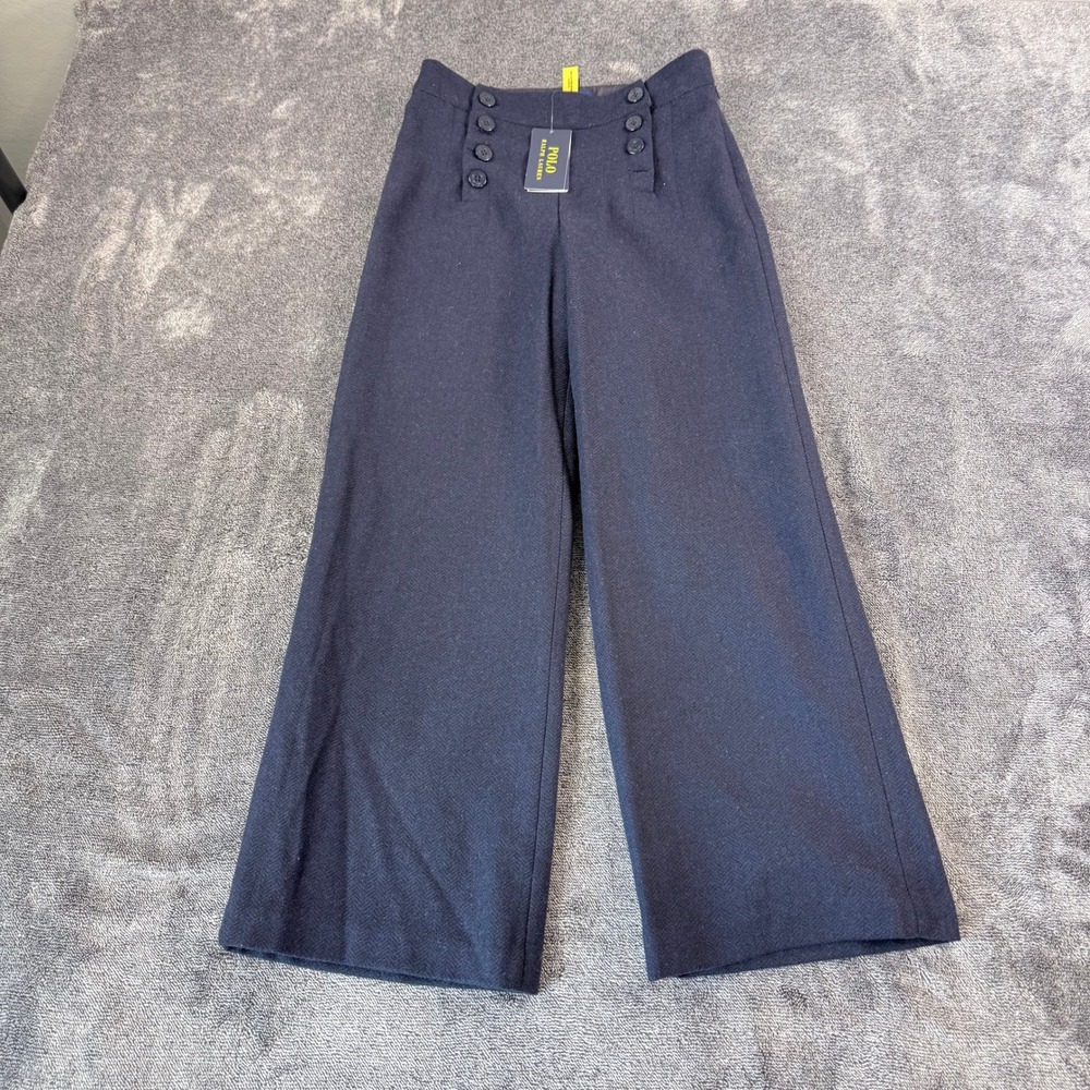 Polo Ralph Lauren Navy Blue Herringbone Wool Blend Wide Leg Sailor Pants Size 12
